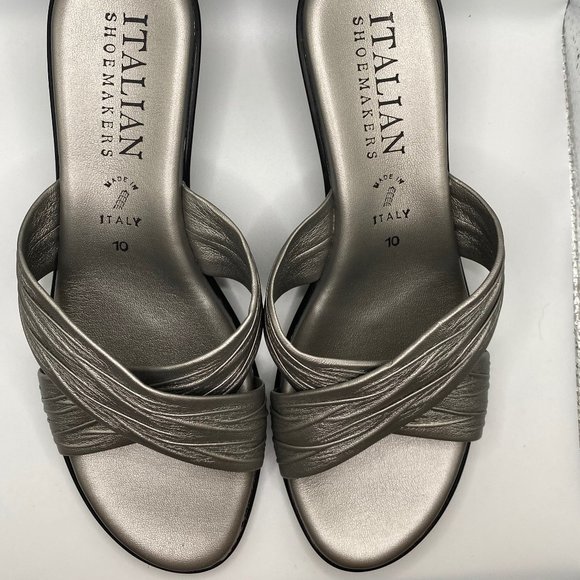 Italian Shoemakers Shoes - Italian Shoemakers Pewter Leather Slides Size 10